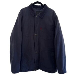 Levi’s Navy Blue Chore Coat Utility Jacket Corduroy Collar 4 Pocket Cotton Blend